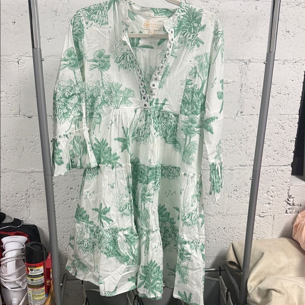 Green Floral Women's Baby Doll Long Sleeve Dress - SHERIDAN FRENCH - Medium NWOT